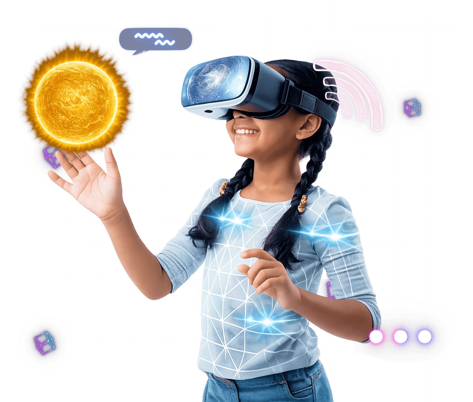 Student wearing a VR headset in an immersive innovation lab experience