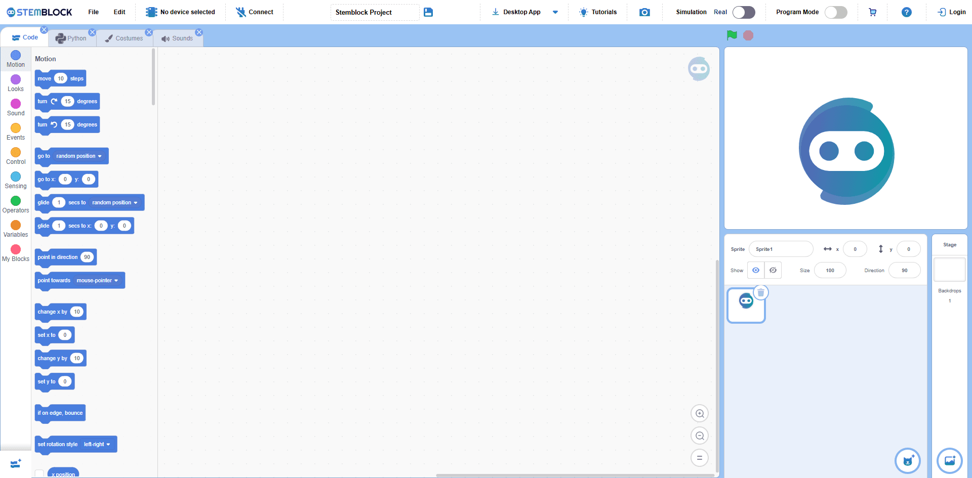 STEM Block homepage showing block-based coding platform