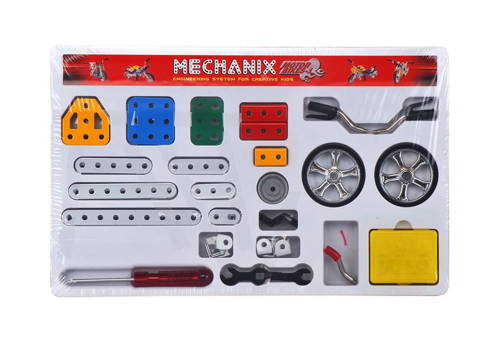 Metal/plastic mechanical construction kit compatible with electronic equipment.